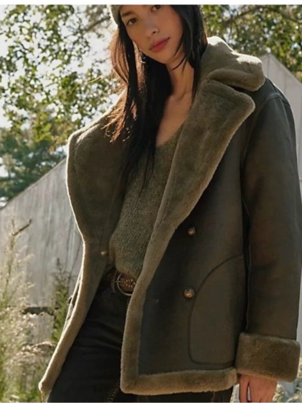 Free People Mari Reversible Faux-Shearling Double-Breasted Jacket- Chocolate.